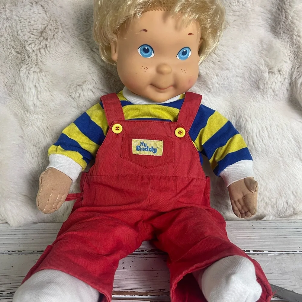 CLEANED Original 1986 Playskool My Buddy Doll Blonde Hair Shoes Carpenter Apron‎